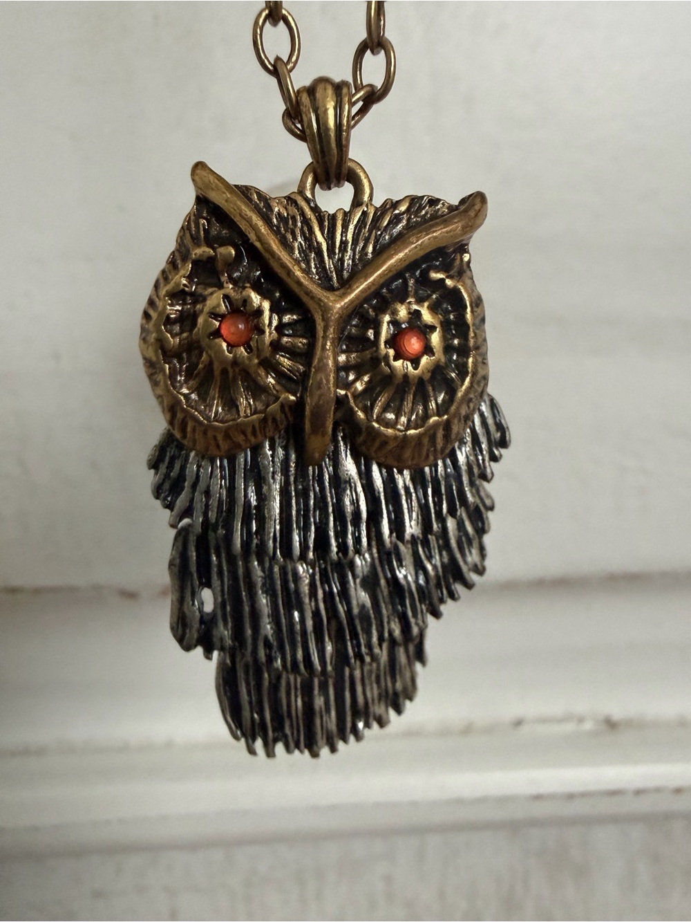 Lucky Brand Brass and Black Owl Pendant Necklace with Orange Eyes
